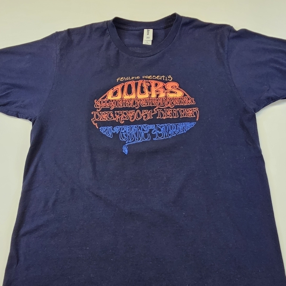 THE DOORS 1967 T-Shirt Repr LARGE Blue Family Dog Denver Concert Pay Attention